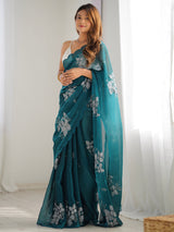 Women's Organza Blue Embellished Designer Saree with Blouse Piece