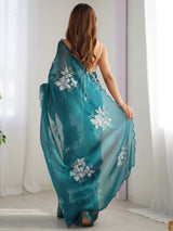 Women's Organza Blue Embellished Designer Saree with Blouse Piece