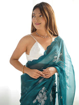 Women's Organza Blue Embellished Designer Saree with Blouse Piece