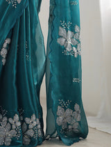 Women's Organza Blue Embellished Designer Saree with Blouse Piece