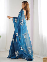 Women's Organza Blue Embellished Designer Saree with Blouse Piece