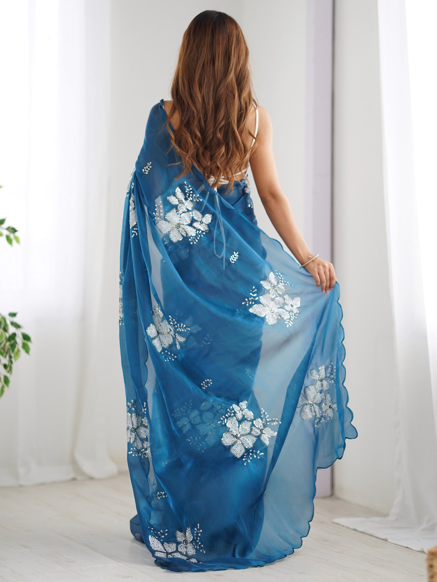 Women's Organza Blue Embellished Designer Saree with Blouse Piece
