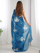 Women's Organza Blue Embellished Designer Saree with Blouse Piece