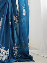 Women's Organza Blue Embellished Designer Saree with Blouse Piece