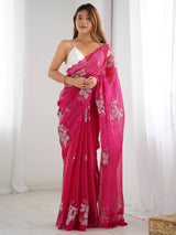 Women's Organza Pink Embellished Designer Saree with Blouse Piece