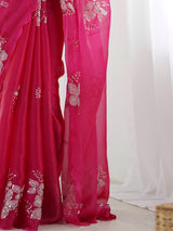 Women's Organza Pink Embellished Designer Saree with Blouse Piece