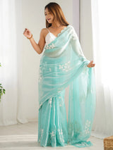 Women's Organza Blue Embellished Designer Saree with Blouse Piece