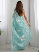 Women's Organza Blue Embellished Designer Saree with Blouse Piece
