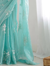 Women's Organza Blue Embellished Designer Saree with Blouse Piece