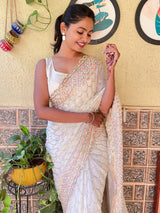 Women's Georgette White Embellished Designer Saree with Blouse Piece
