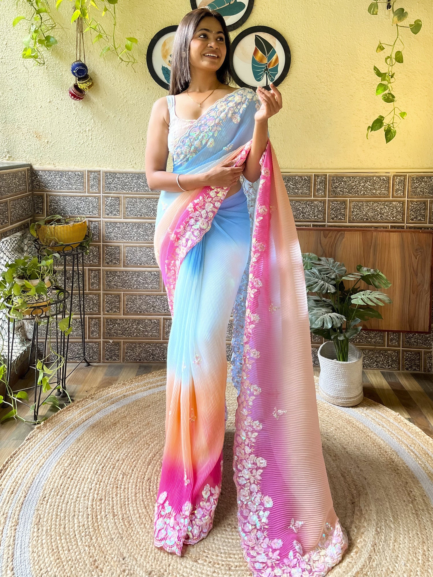 Women's Georgette Blue Embellished Designer Saree with Blouse Piece