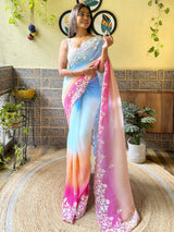Women's Georgette Blue Embellished Designer Saree with Blouse Piece