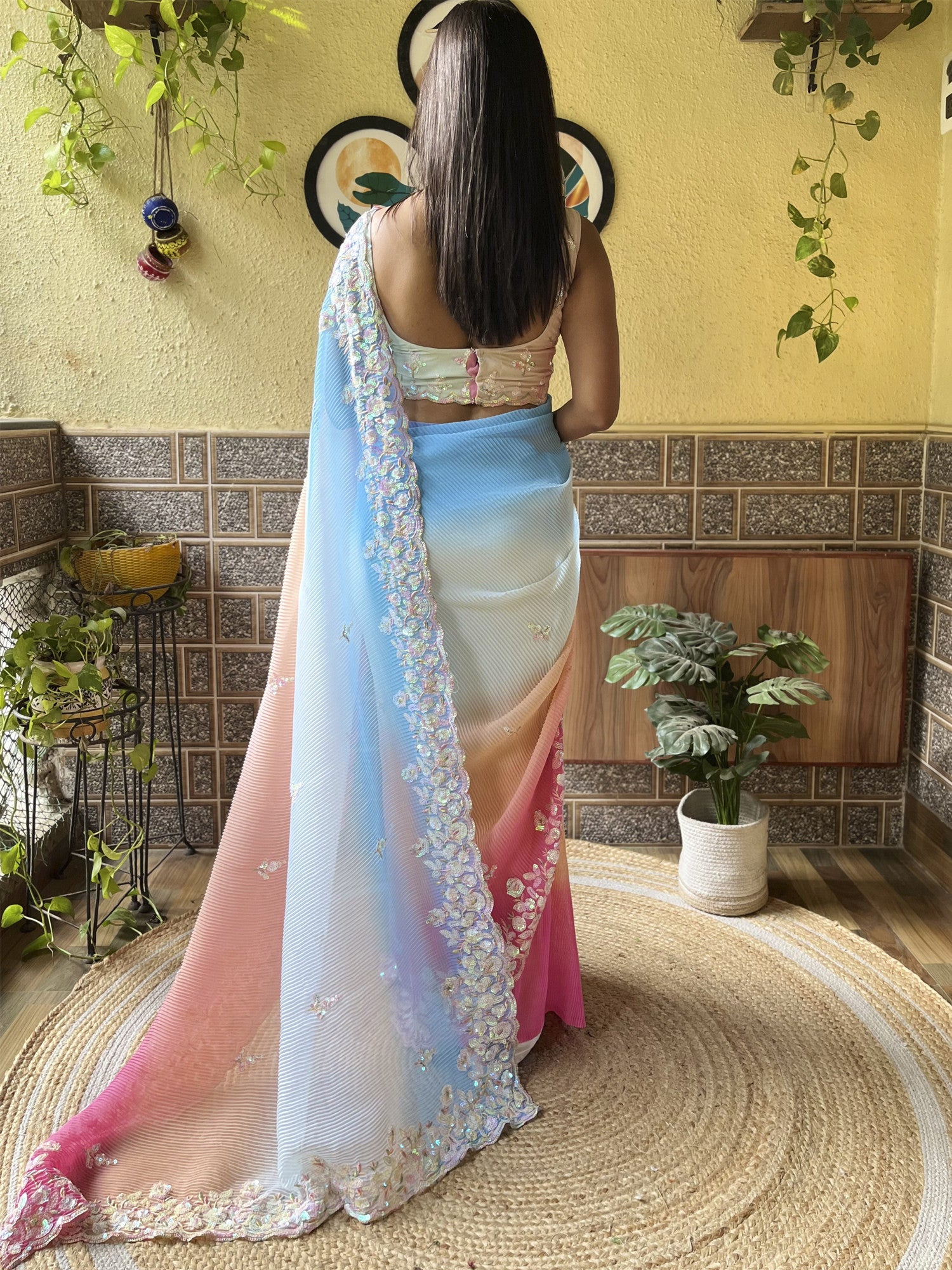 Women's Georgette Blue Embellished Designer Saree with Blouse Piece