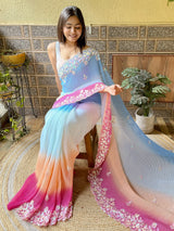 Women's Georgette Blue Embellished Designer Saree with Blouse Piece