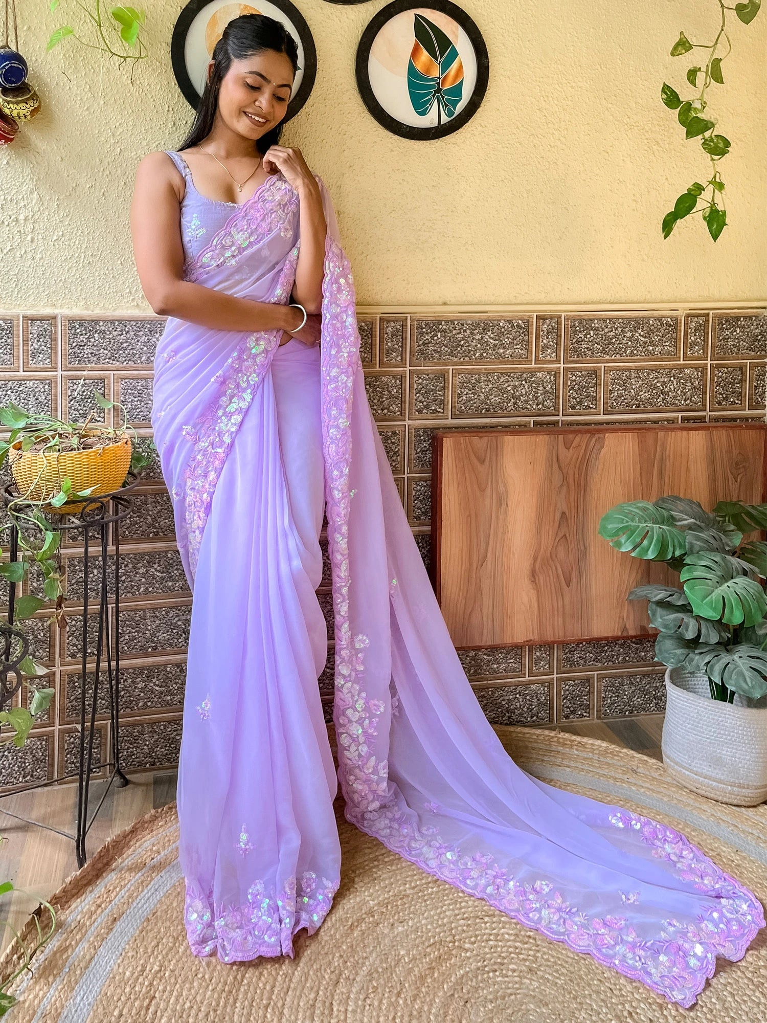 Women's Georgette Purple Embellished Designer Saree with Blouse Piece
