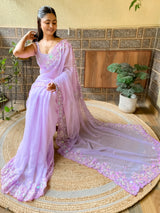 Women's Georgette Purple Embellished Designer Saree with Blouse Piece