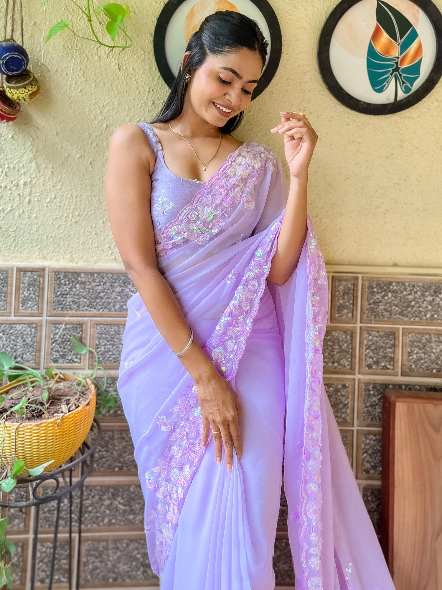 Women's Georgette Purple Embellished Designer Saree with Blouse Piece