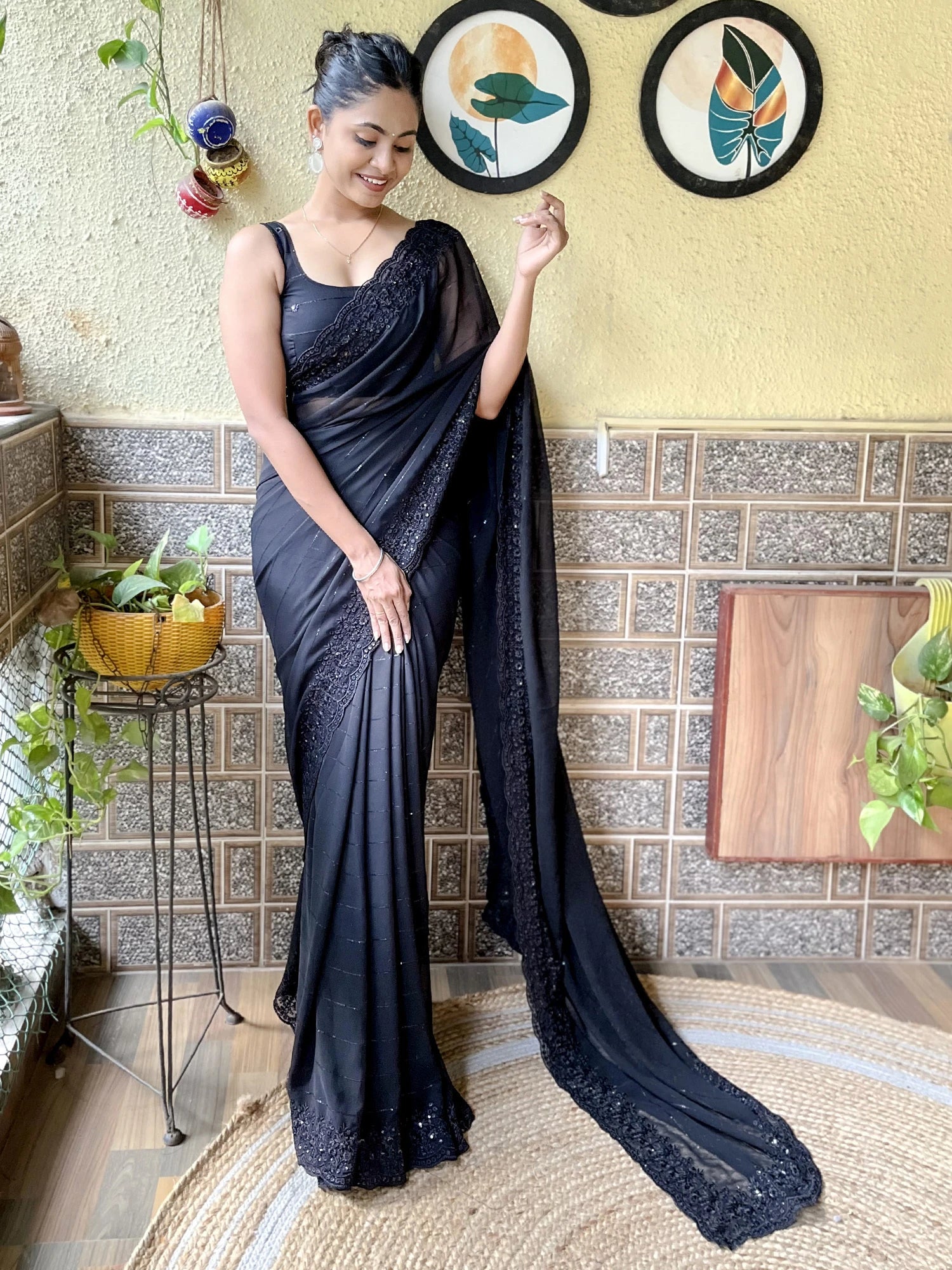 Women's Georgette Black Embroidered Designer Saree with Blouse Piece