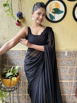 Women's Georgette Black Embroidered Designer Saree with Blouse Piece