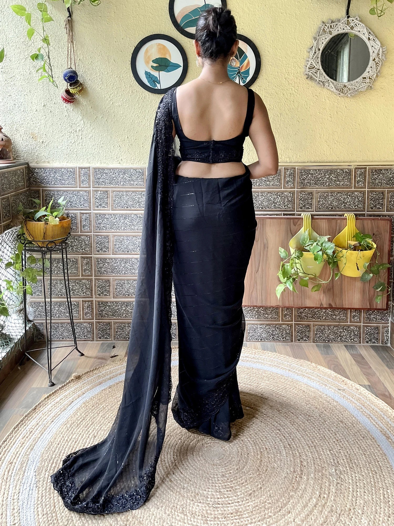Women's Georgette Black Embroidered Designer Saree with Blouse Piece