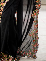 Women's Vichitra Silk Black Embroidered Designer Saree with Blouse Piece