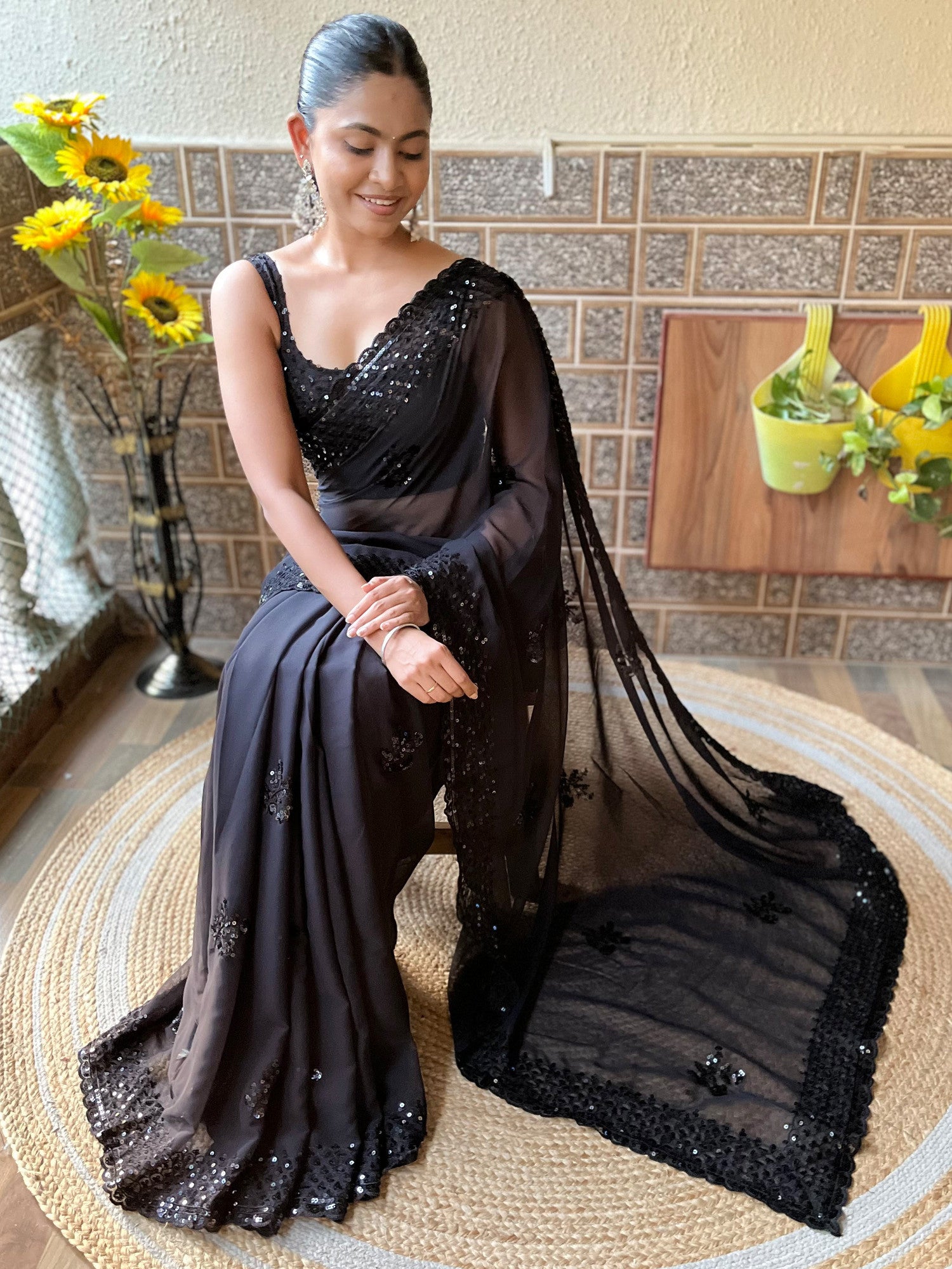 Women's Georgette Black Embellished Designer Saree with Blouse Piece