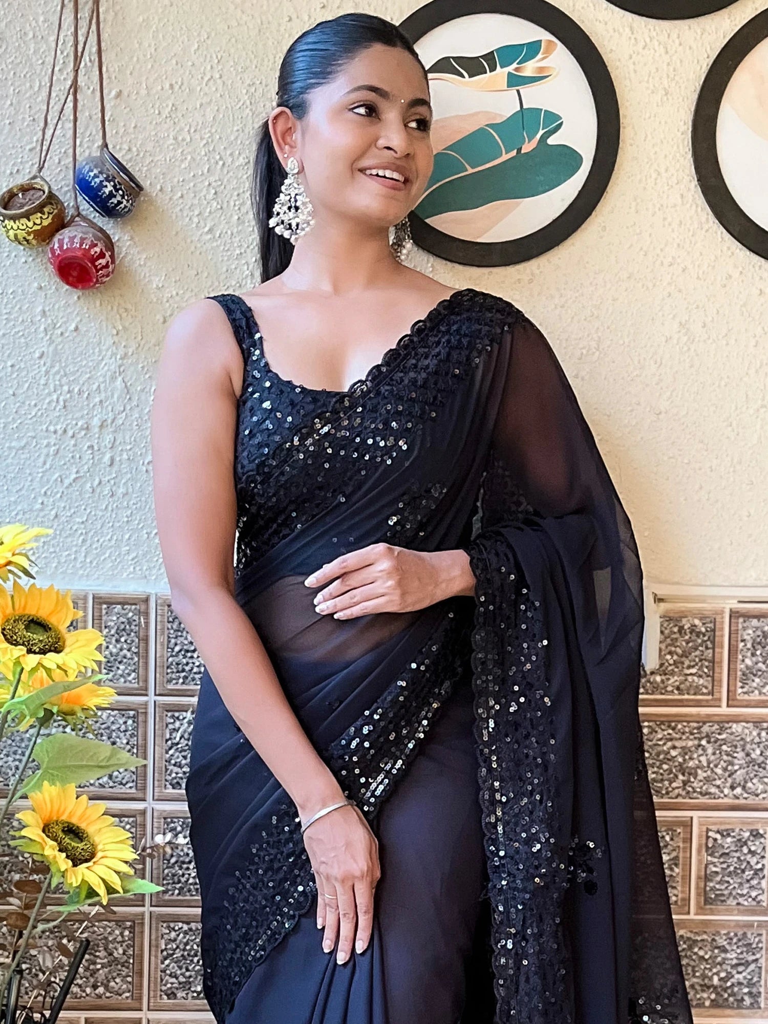 Women's Georgette Black Embellished Designer Saree with Blouse Piece