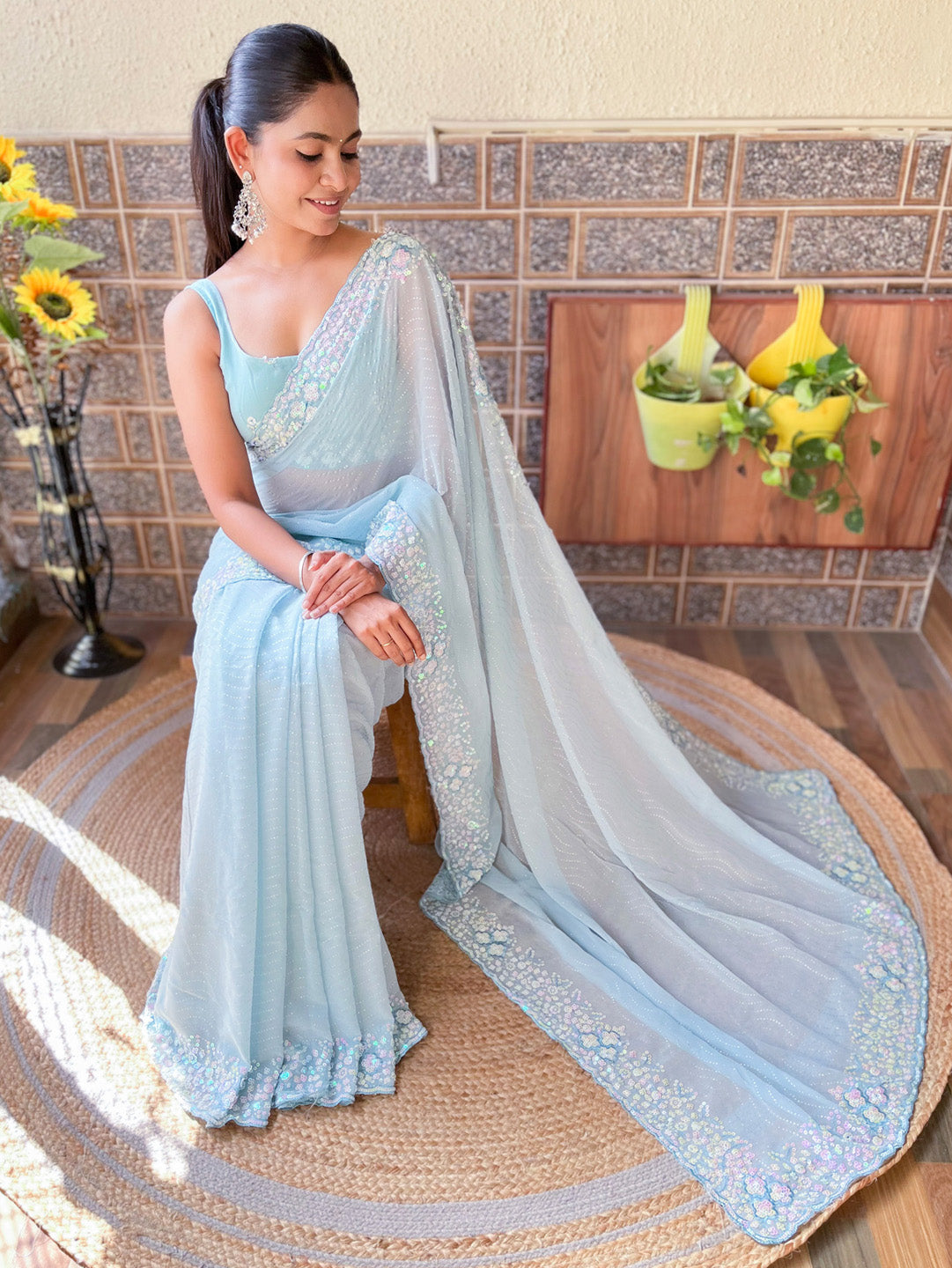 Women's Light Blue Festive Saree