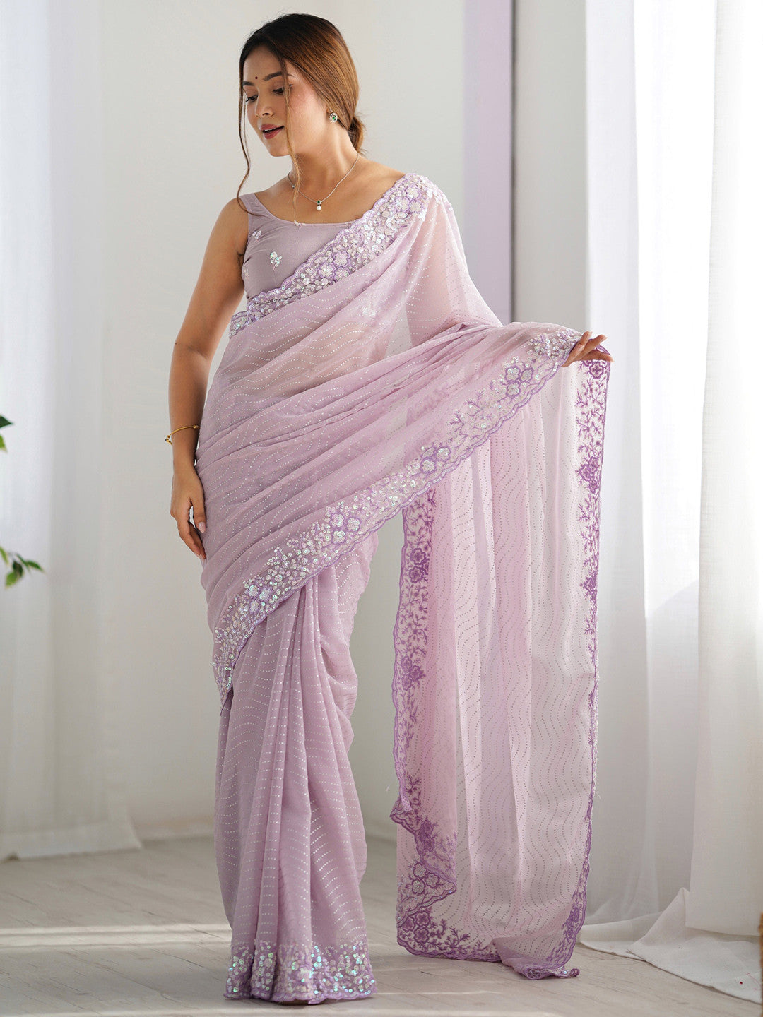 Women's Georgette Pink Embellished Designer Saree with Blouse Piece