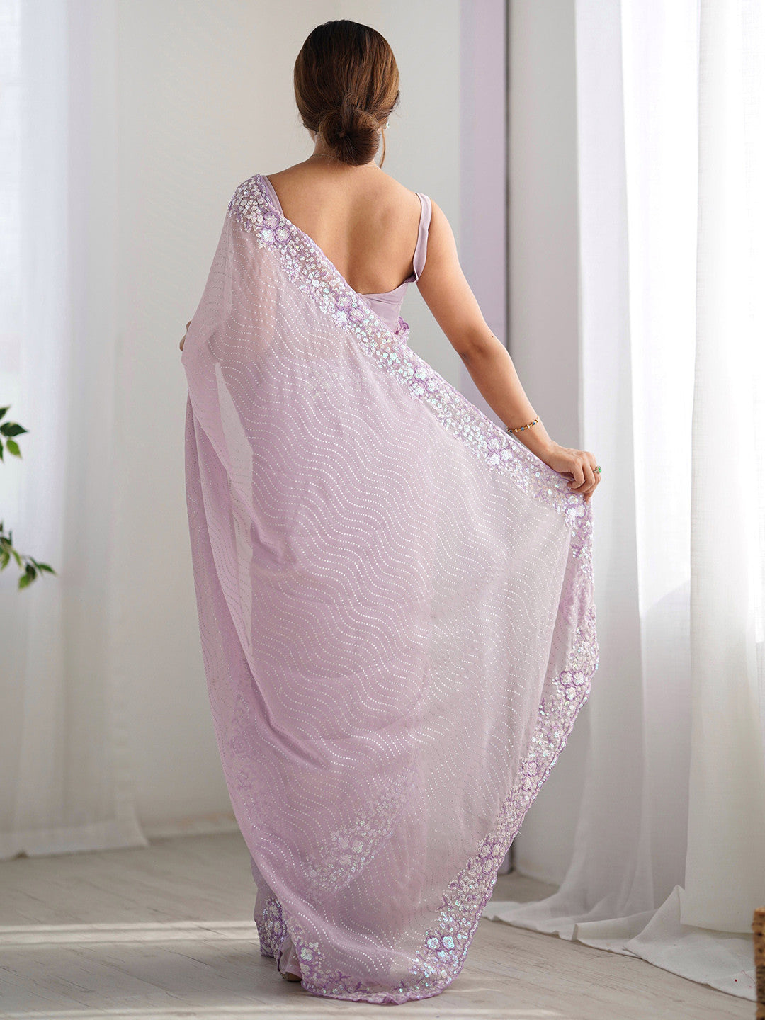 Women's Georgette Pink Embellished Designer Saree with Blouse Piece