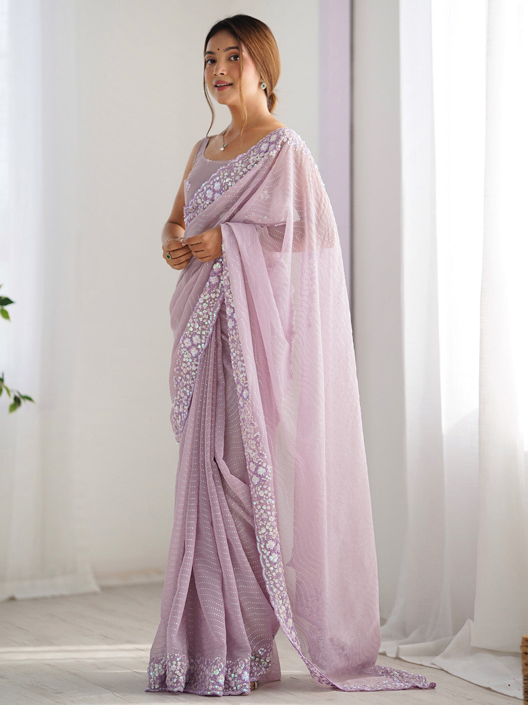 Women's Georgette Pink Embellished Designer Saree with Blouse Piece