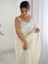 Women's Georgette White Embellished Designer Saree with Blouse Piece