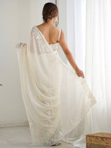 Women's Georgette White Embellished Designer Saree with Blouse Piece