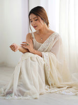 Women's Georgette White Embellished Designer Saree with Blouse Piece