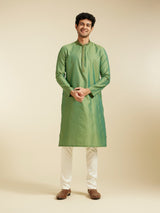 Men's Forest Green Grid Patterned Kurta with Embroidered Neckline