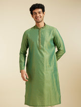 Men's Forest Green Grid Patterned Kurta with Embroidered Neckline
