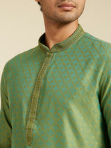 Men's Forest Green Grid Patterned Kurta with Embroidered Neckline