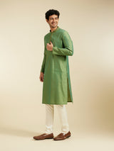 Men's Forest Green Grid Patterned Kurta with Embroidered Neckline