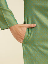 Men's Forest Green Grid Patterned Kurta with Embroidered Neckline