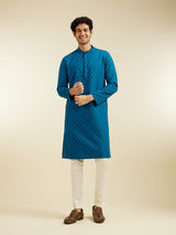 Men's Teal Blue Grid Patterned Kurta with Embroidered Placket