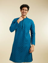 Men's Teal Blue Grid Patterned Kurta with Embroidered Placket