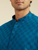 Men's Teal Blue Grid Patterned Kurta with Embroidered Placket