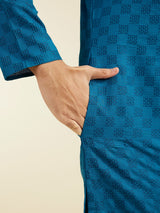 Men's Teal Blue Grid Patterned Kurta with Embroidered Placket