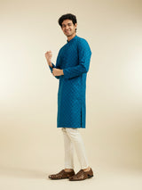 Men's Teal Blue Grid Patterned Kurta with Embroidered Placket