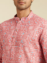 Men's Festive Coral Peach Aztec Printed Kurta