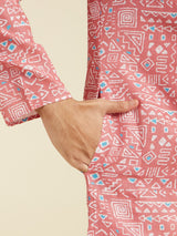 Men's Festive Coral Peach Aztec Printed Kurta