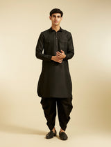 Men's Festive Midnight Black Pathani Style Kurta with Cuffed Sleeves