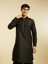 Men's Festive Midnight Black Pathani Style Kurta with Cuffed Sleeves