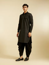 Men's Festive Midnight Black Pathani Style Kurta with Cuffed Sleeves