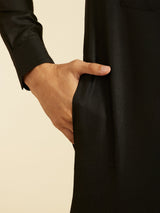 Men's Festive Midnight Black Pathani Style Kurta with Cuffed Sleeves